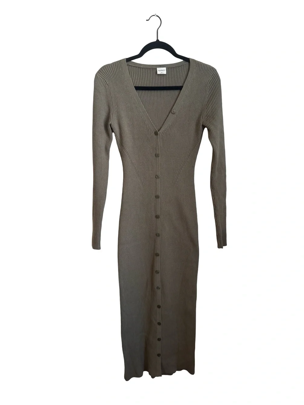 Abercrombie & Fitch Olive Green Ribbed Button Front Maxi Dress M